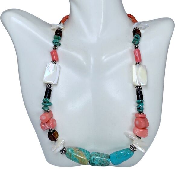 925 Sterling Silver Turquoise Necklace 18.5"   Beaded Coral Accents - Picture 4 of 14